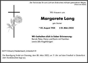 Traueranzeige von Margarete Lang von vrm-trauer Odenwälder Echo