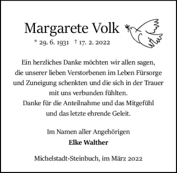 Traueranzeige von Margarete Volk von vrm-trauer Odenwälder Echo