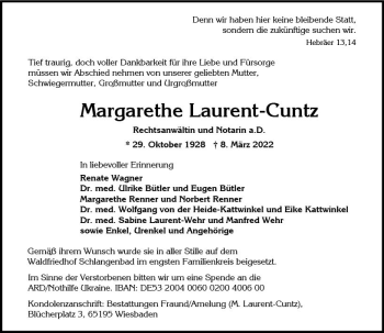 Traueranzeige von Margarethe Laurent-Cuntz von vrm-trauer Wiesbadener Kurier