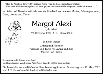 Traueranzeige von Margot Alexi von vrm-trauer Wiesbadener Kurier