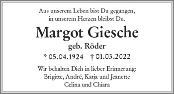Traueranzeige von Margot Giesche von vrm-trauer Wiesbadener Kurier