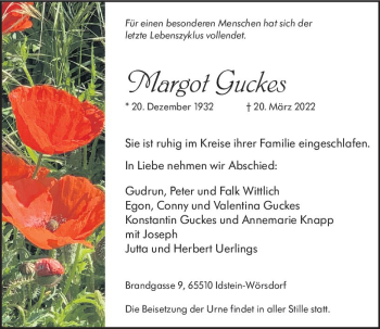 Traueranzeige von Margot Guckes von vrm-trauer Idsteiner Zeitung
