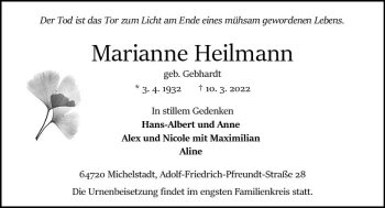 Traueranzeige von Marianne Heilmann von vrm-trauer Odenwälder Echo