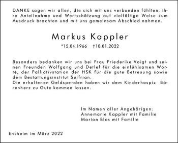 Traueranzeige von Markus Kappler von vrm-trauer Allgemeine Zeitung Alzey