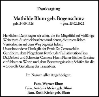 Traueranzeige von Mathilde Blum von vrm-trauer Wormser Zeitung