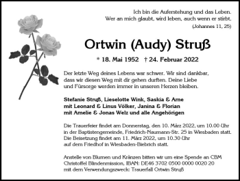 Traueranzeige von Ortwin Struß von vrm-trauer Wiesbadener Kurier