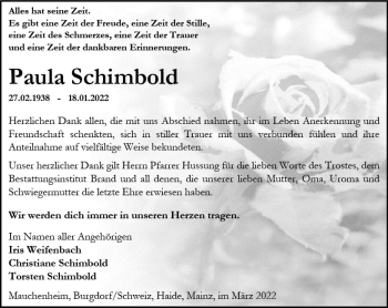 Traueranzeige von Paula Schimbold von vrm-trauer Allgemeine Zeitung Alzey