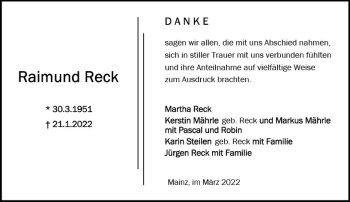 Traueranzeige von Raimund Reck von vrm-trauer Allgemeine  Zeitung Ingelheim-Bingen