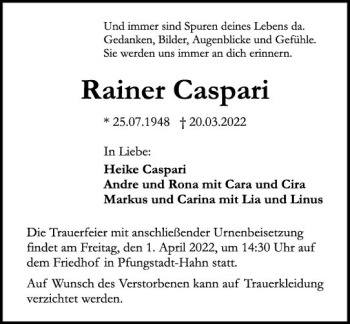 Traueranzeige von Rainer Caspari von vrm-trauer Darmstädter Echo