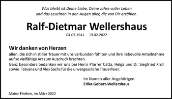 Traueranzeige von Ralf-Dietmar Wellershaus von vrm-trauer AZ Mainz