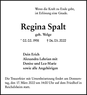 Traueranzeige von Regina Spalt von vrm-trauer Odenwälder Echo