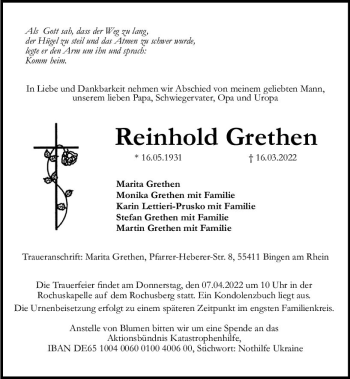 Traueranzeige von Reinhold Grethen von vrm-trauer Allgemeine  Zeitung Ingelheim-Bingen