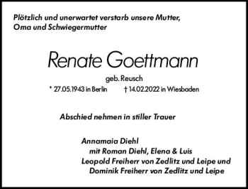 Traueranzeige von Renate Goettmann von vrm-trauer Wiesbadener Kurier