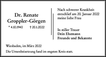 Traueranzeige von Renate Groppler-Görgen von vrm-trauer Wiesbadener Kurier