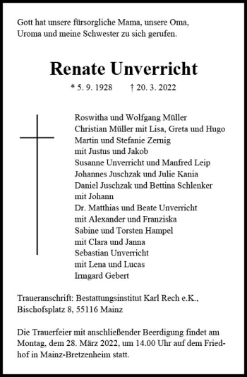 Traueranzeige von Renate Unverricht von vrm-trauer AZ Mainz