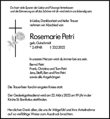 Traueranzeige von Rosemarie Petri von vrm-trauer Hochheimer Zeitung