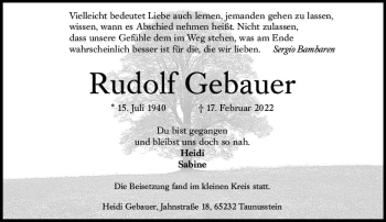 Traueranzeige von Rudolf Gebauer von vrm-trauer Wiesbadener Kurier