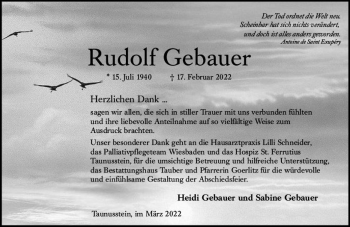 Traueranzeige von Rudolf Gebauer von vrm-trauer Wiesbadener Kurier