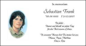 Traueranzeige von Sebastian Frank von vrm-trauer Wormser Zeitung
