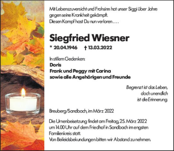 Traueranzeige von Siegfried Wiesner von vrm-trauer Odenwälder Echo