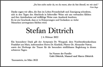 Traueranzeige von Stefan Dittrich von vrm-trauer Wiesbadener Kurier
