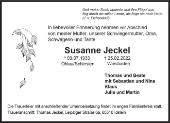 Traueranzeige von Susanne Jeckel von vrm-trauer Wiesbadener Kurier
