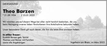 Traueranzeige von Theo Barzen von vrm-trauer Allgemeine  Zeitung Ingelheim-Bingen
