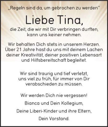 Traueranzeige von Tina  von vrm-trauer Wiesbadener Kurier