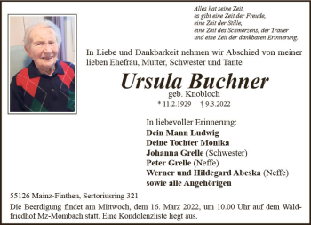 Traueranzeige von Ursula Buchner von vrm-trauer AZ Mainz