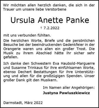 Traueranzeige von Ursula Anette Panke von vrm-trauer Darmstädter Echo