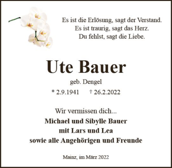 Traueranzeige von Ute Bauer von vrm-trauer AZ Mainz