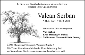 Traueranzeige von Valean Serban von vrm-trauer Odenwälder Echo