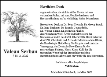 Traueranzeige von Valean Serban von vrm-trauer Odenwälder Echo
