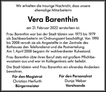 Traueranzeige von Vera Barenthin von vrm-trauer Idsteiner Zeitung