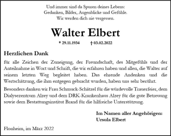 Traueranzeige von Walter Elbert von vrm-trauer Allgemeine Zeitung Alzey