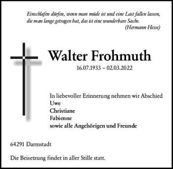 Traueranzeige von Walter Frohmuth von vrm-trauer Darmstädter Echo