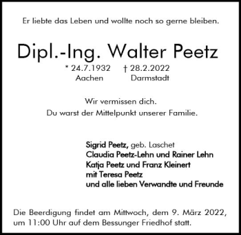 Traueranzeige von Walter Peetz von vrm-trauer Darmstädter Echo