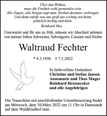 Traueranzeige von Waltraud Fechter von vrm-trauer Darmstädter Echo