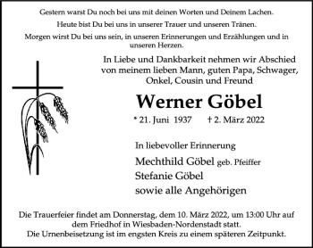 Traueranzeige von Werner Göbel von vrm-trauer Wiesbadener Kurier