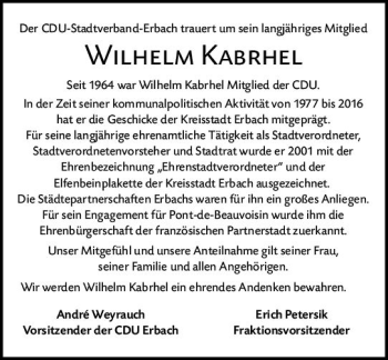 Traueranzeige von Wilhelm Kabrhel von vrm-trauer Odenwälder Echo