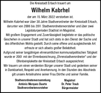 Traueranzeige von Wilhelm Kabrhel von vrm-trauer Odenwälder Echo