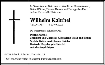 Traueranzeige von Wilhelm Kabrhel von vrm-trauer Odenwälder Echo