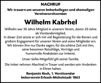 Traueranzeige von Wilhelm Kabrhel von vrm-trauer Odenwälder Echo