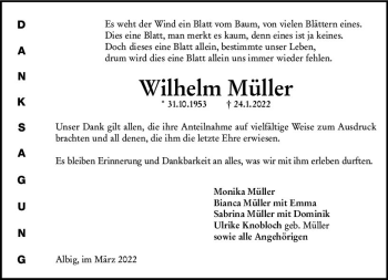 Traueranzeige von Wilhelm Müller von vrm-trauer Allgemeine Zeitung Alzey