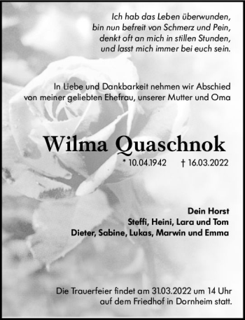 Traueranzeige von Wilma Quaschnok von vrm-trauer Groß-Gerauer Echo