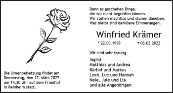 Traueranzeige von Winfried Krämer von vrm-trauer Darmstädter Echo