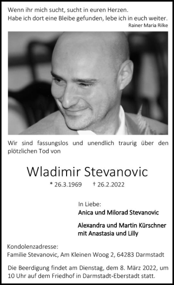 Traueranzeige von Wladimir Stevanovic von vrm-trauer Darmstädter Echo