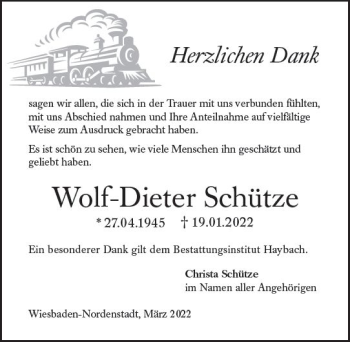 Traueranzeige von Wolf-Dieter Schütze von vrm-trauer Wiesbadener Kurier