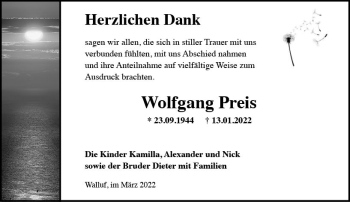 Traueranzeige von Wolfgang Preis von vrm-trauer Wiesbadener Kurier