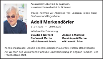 Traueranzeige von Adolf Merkendörfer von vrm-trauer Rüsselsheimer Echo / MainSpitze